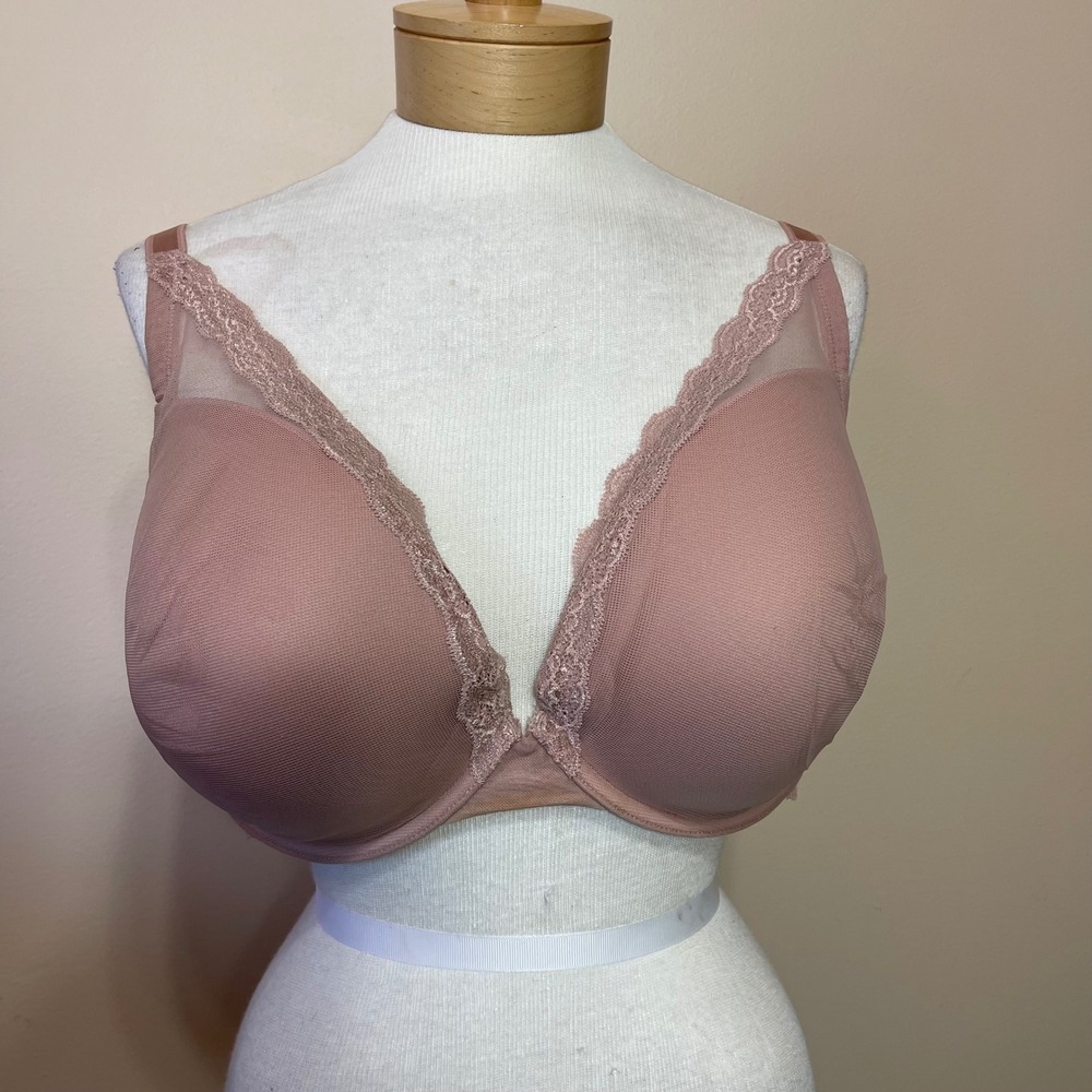 Torrid Curve Rose Mauve Lace Trim Push-Up Plunge Bra 42DDD Underwire Mesh